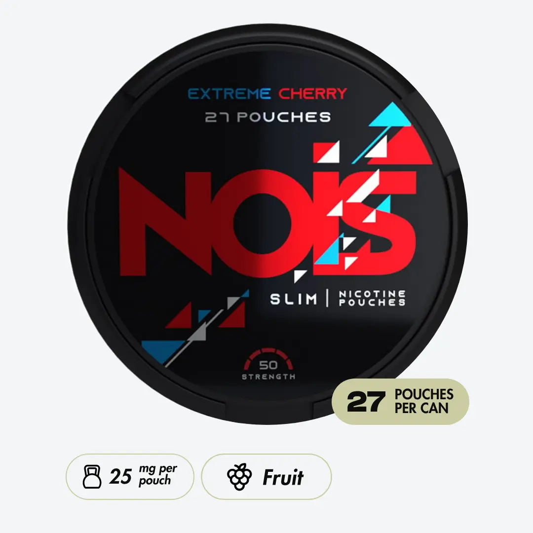 NOiS nicotine pouches container with branding and product details on a white background